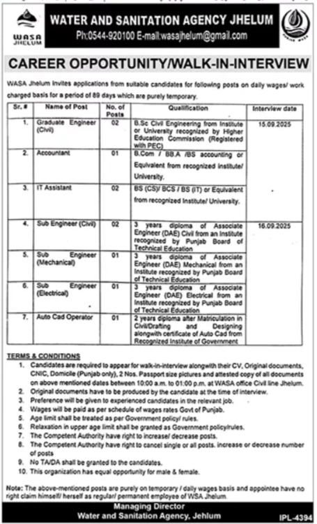 Water And Sanitation Agency WASA Jhelum Jobs 2025 – Water and Sanitation Agency (LDA) Lahore Jobs 2025 — original advertisement