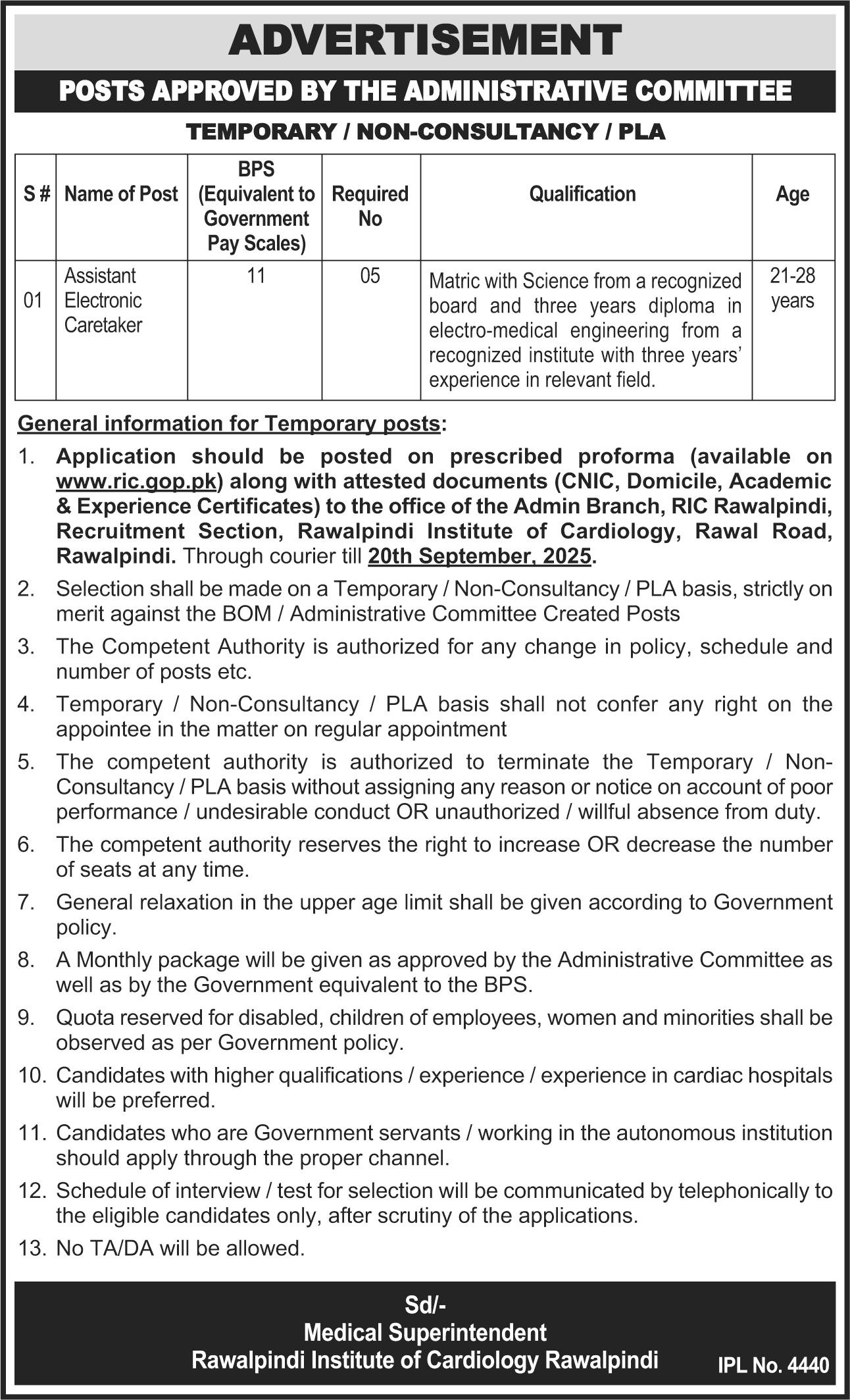 Rawalpindi Institute Of Cardiology Job 2025 – Rawalpindi Medical University Punajb Jobs 2025 — original advertisement