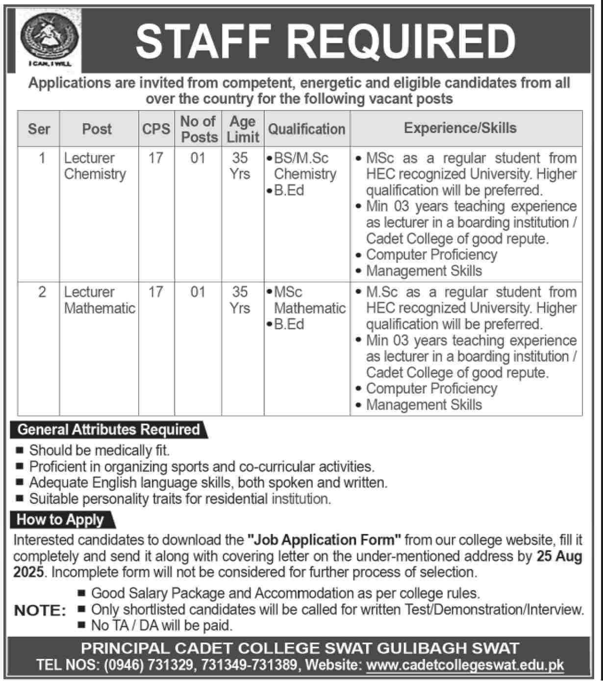 Cadet College Swat Khyber Pakhtunkhwa Jobs 2025 Jobs 2025 — original advertisement