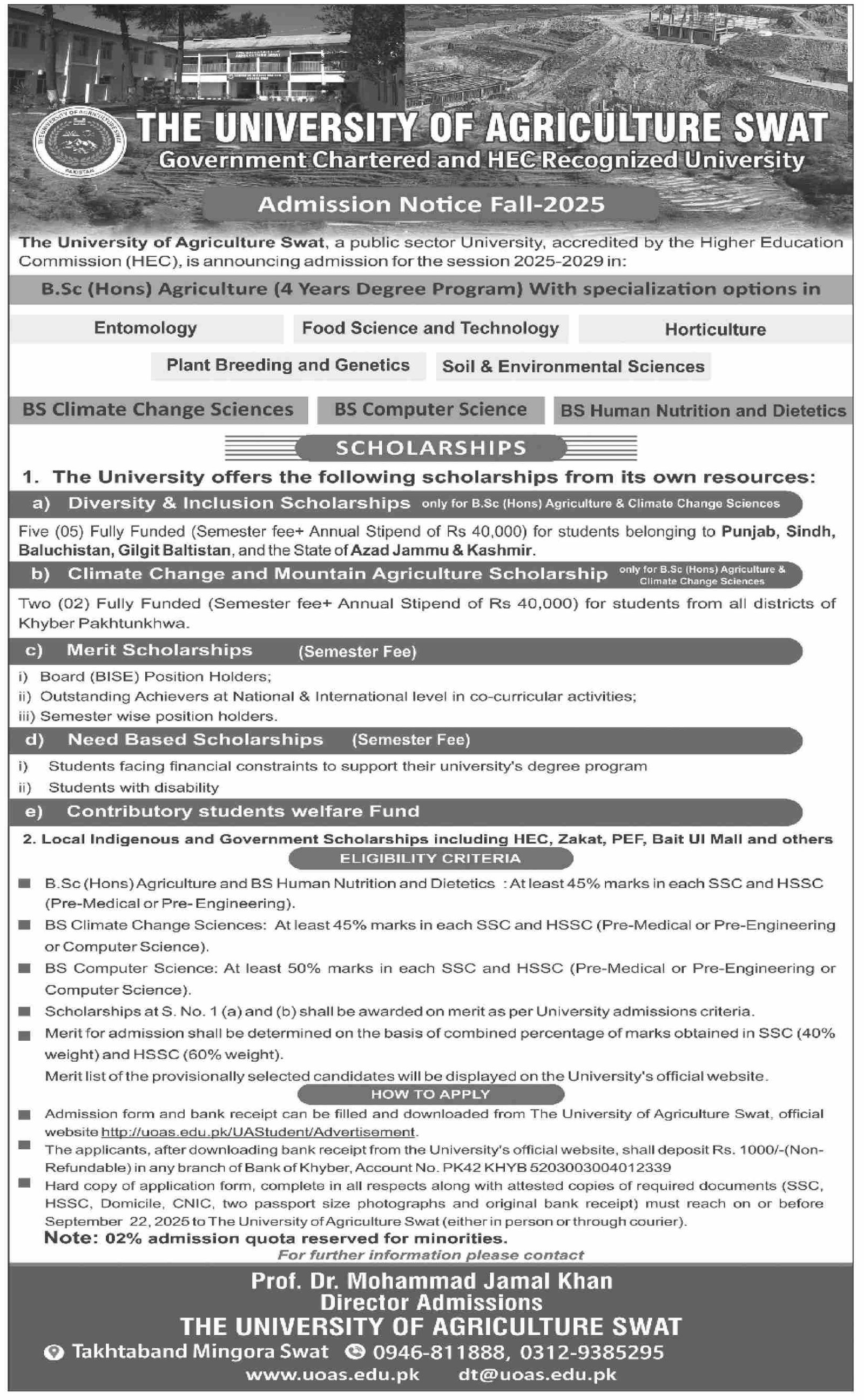Admission Open in Univesity of Agriculture Swat 2025 – University Of Agricultural Swat Admissions 2025 — original advertisement