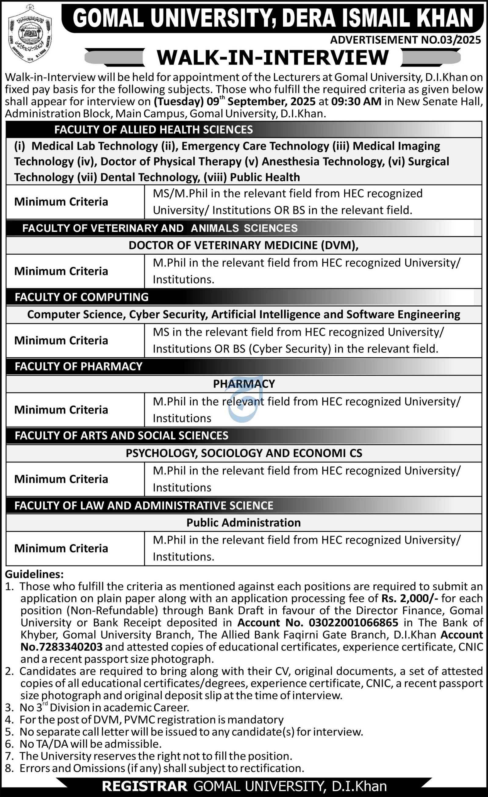 Gomal University of Dera Ismail Khan Jobs 2025 – Gomal University Dera Ismail Khan Jobs 2025 — original advertisement