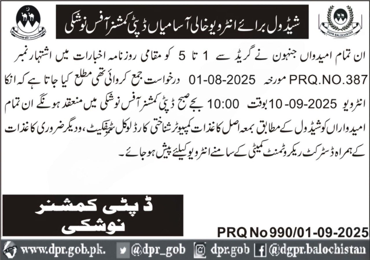 Deputy Commissioner Revenue Department Nushki Interview 2025 – Revenue Department Balochistan Jobs 2025 — original advertisement