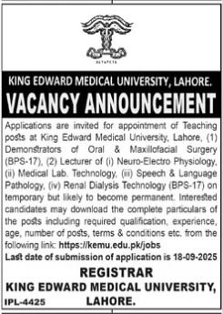 King Edward Medical University Lahore Jobs 2025 Jobs 2025 — original advertisement