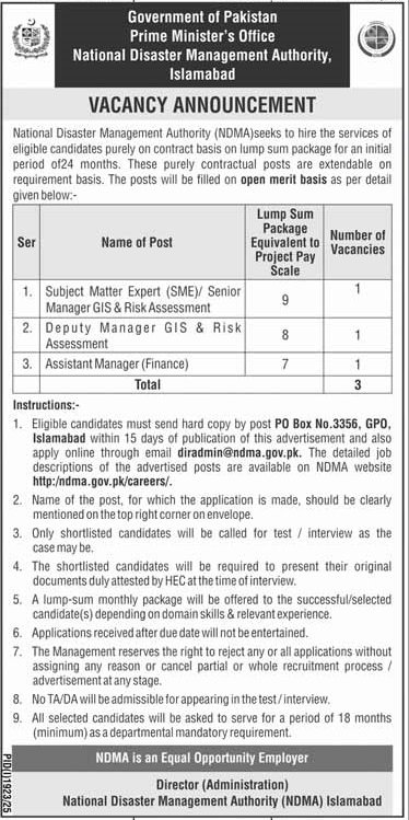 National Disaster Management Authority Islamabad Jobs 2025 – National Disaster Management Authority (NDMA) Pakistan Jobs 2025 — original advertisement