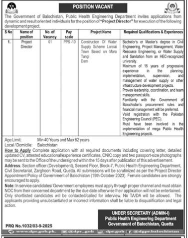 Public Health Engineering Department Jobs 2025 – Public Health Engineering Department Balochistan Jobs 2025 — original advertisement