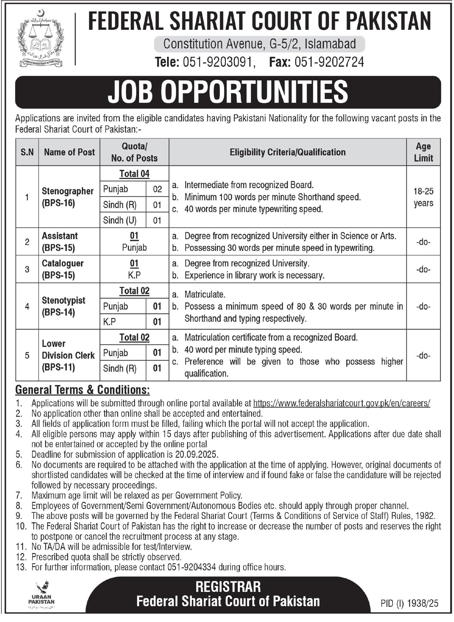Federal Shariat Court Of Pakistan Jobs 2025 – Federal Shariat Court Islamabad Jobs 2025 — original advertisement