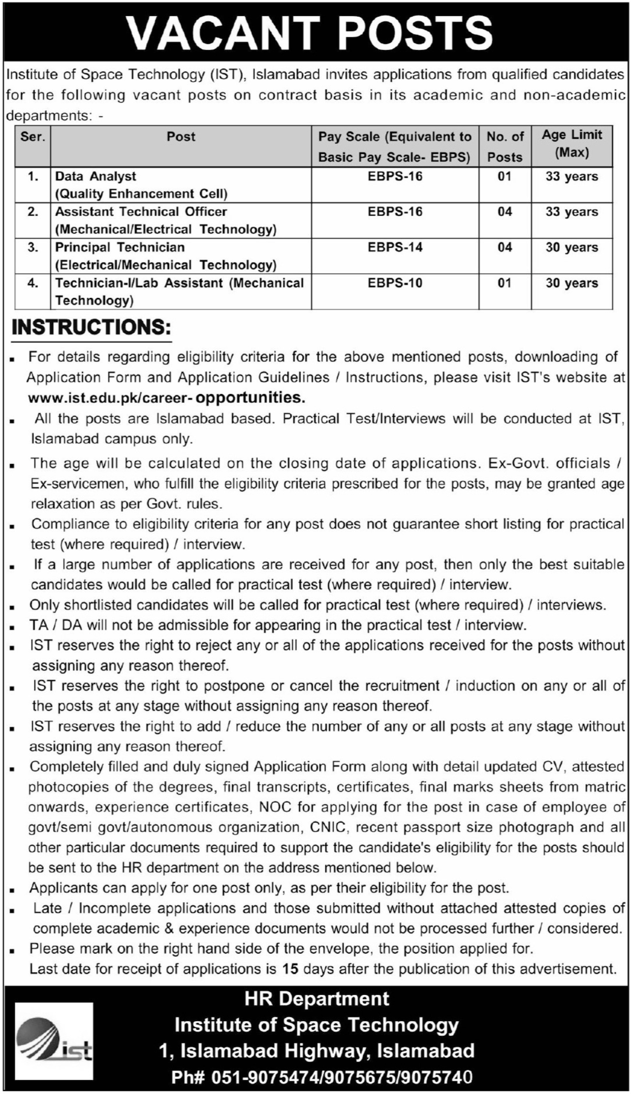 Institute Of Space Technology IST Islamabad Jobs 2025 – Institute of Space Technology ITS Islamabad Jobs 2025 — original advertisement