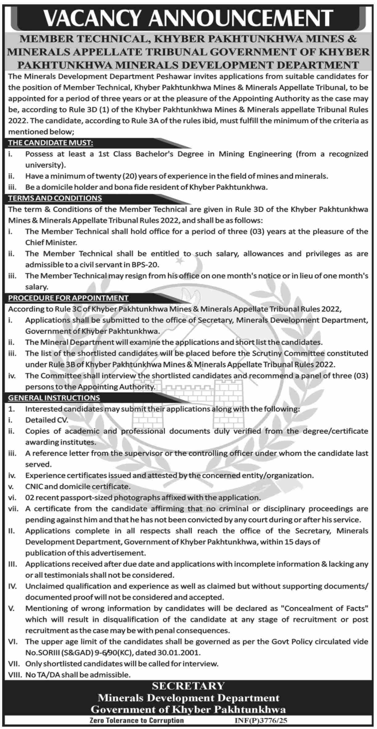 Mines & Minerals Department Peshawar Job 2025 – Commissioner Mines Labour Welfare Peshawar Kpk Jobs 2025 — original advertisement