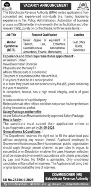 Balochistan Revenue Authority Quetta Job 2025 – Balochistan Revenue Authority BRA Jobs 2025 — original advertisement