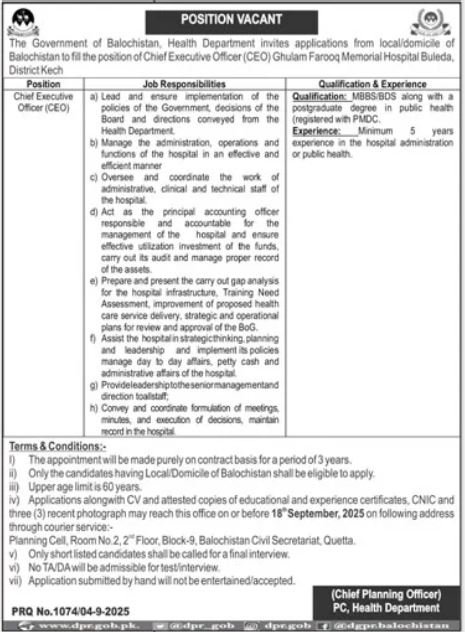 Health Department Quetta Job 2025 – Health Department Balochsitan Jobs 2025 — original advertisement