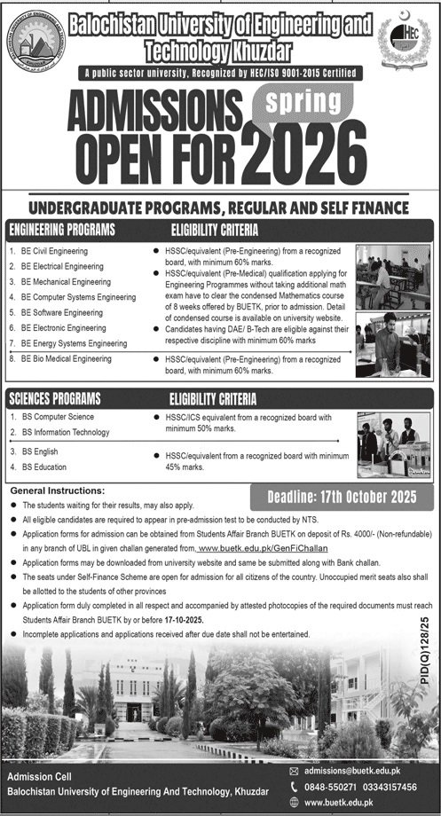 Admission Open in Balochistan Univeristy of Engineering 2025 – Balochistan University of Engineering and Technology BUETK Khuzdar Admissions 2025 — original advertisement