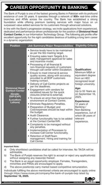 Bank of Punjab Lahore Jobs 2025 Jobs 2025 — original advertisement
