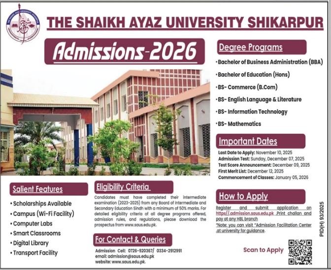 Admission Open in The Sheokha Ayaz University Shikapur 2025 – Shaikh Ayaz University Shikarpur Admissions 2025 — original advertisement
