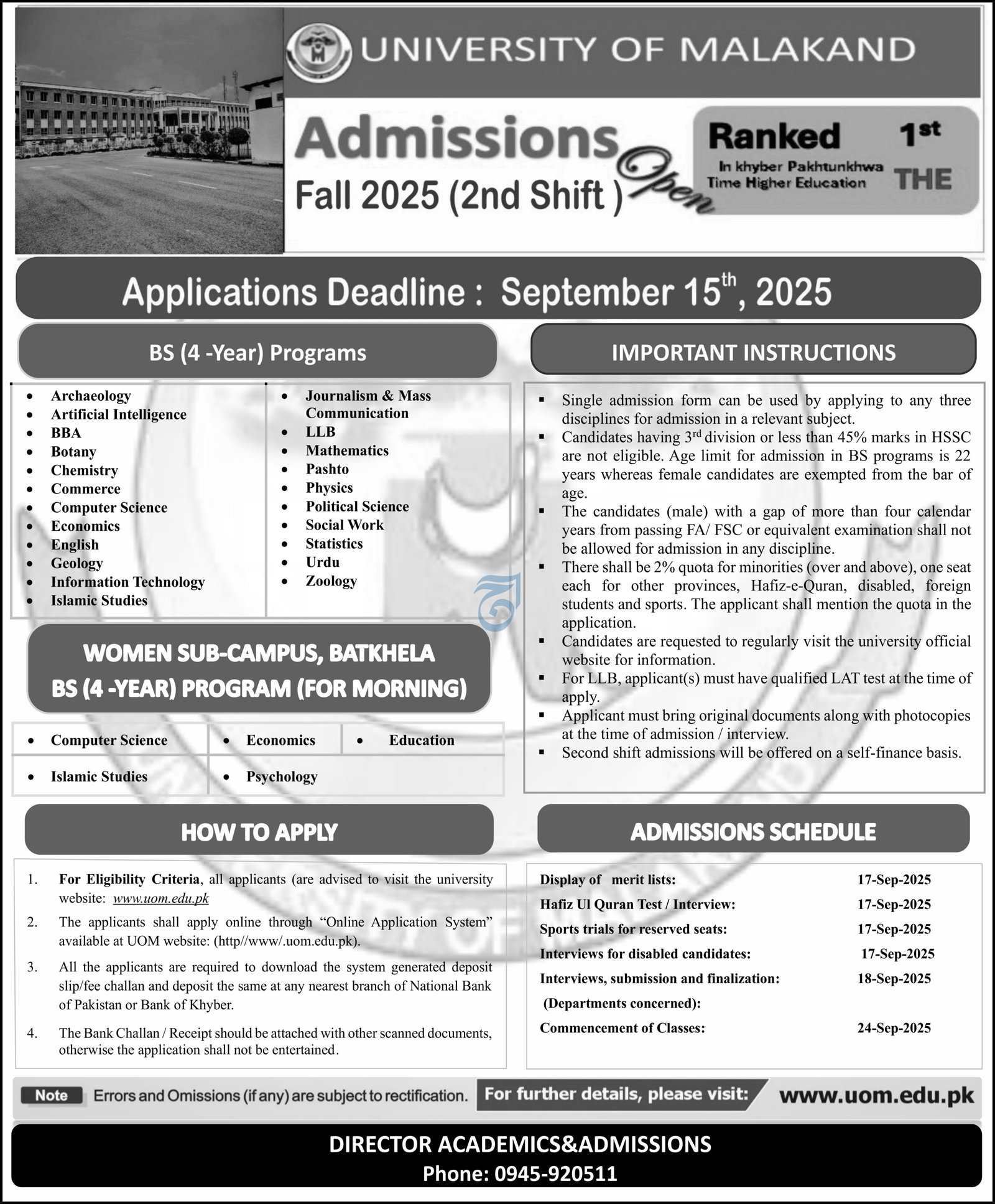 Admission Open in University of Malakand 2025 – University of Malakand lower Dir Admissions 2025 — original advertisement