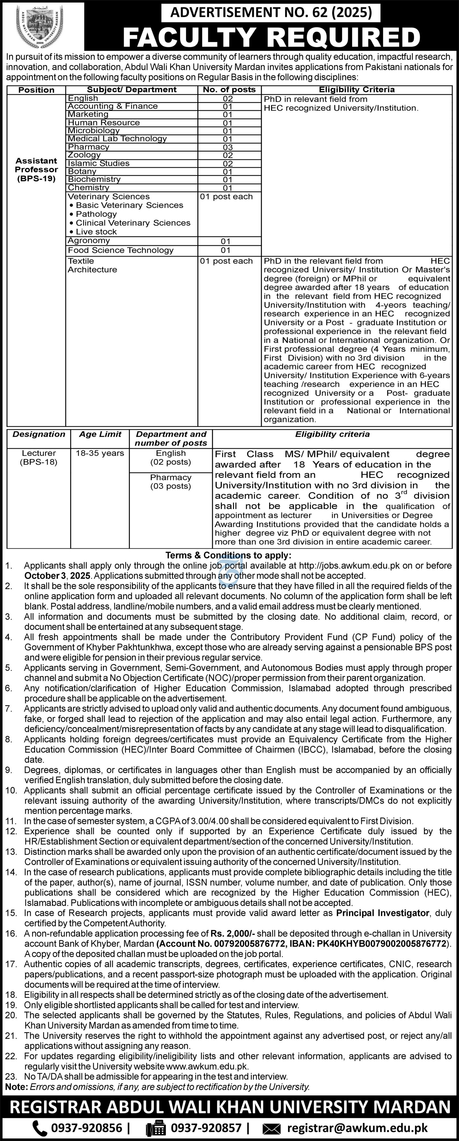 Abdul Wali khan Univeristy Mardan Jobs 2025 – Abdul Wali Khan University Mardan Jobs 2025 — original advertisement