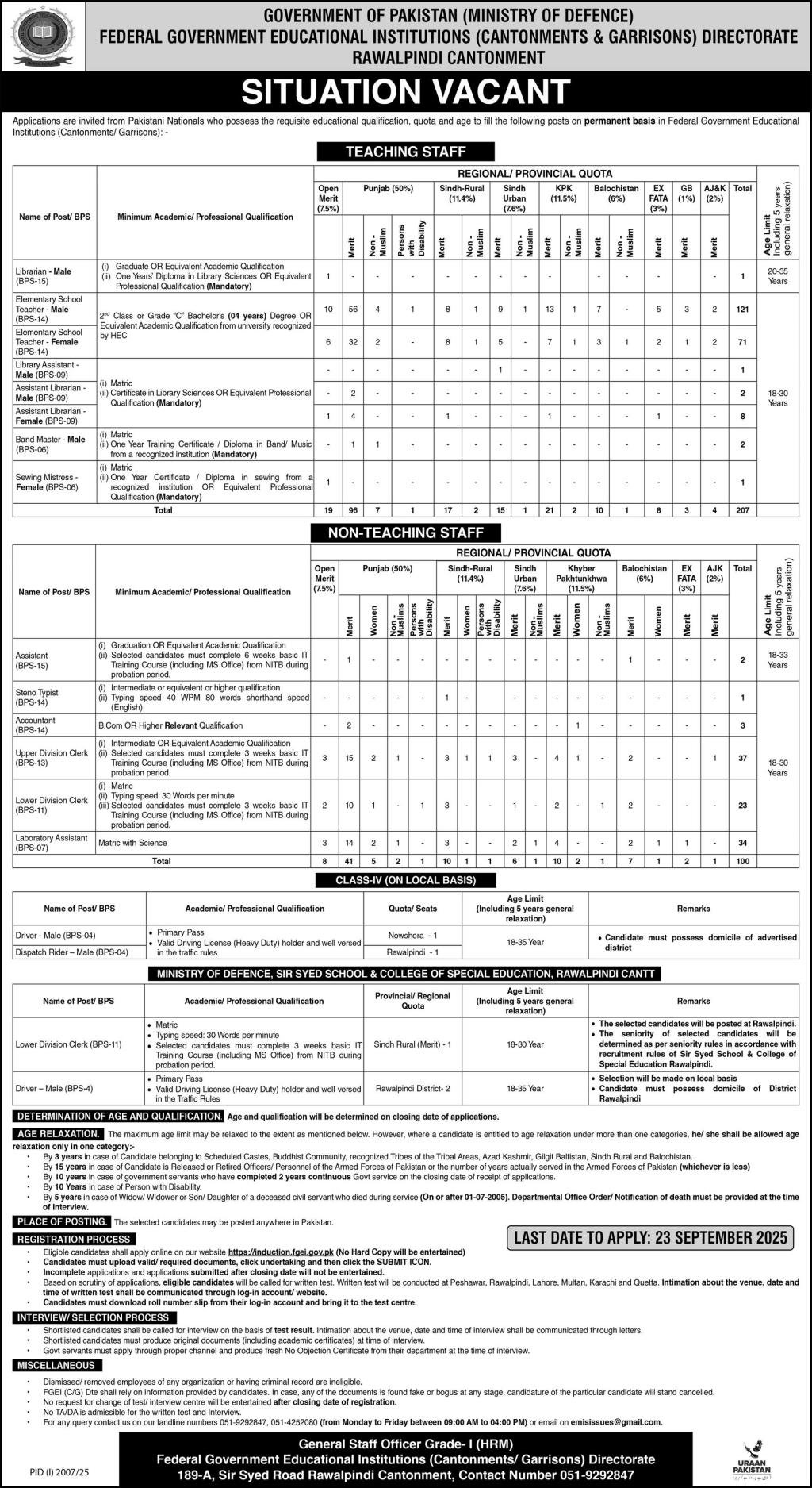 Federak Governmant Educational Institution Jobs 2025 – Federal Govt Educational Institutes Cantts and Garrisons Jobs 2025 — original advertisement