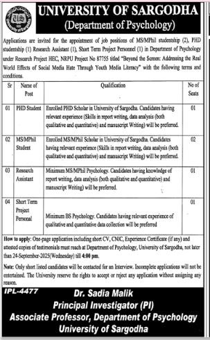 University of Sargodh Punjab Jobs 2025 – University Of Sargodha Jobs 2025 — original advertisement
