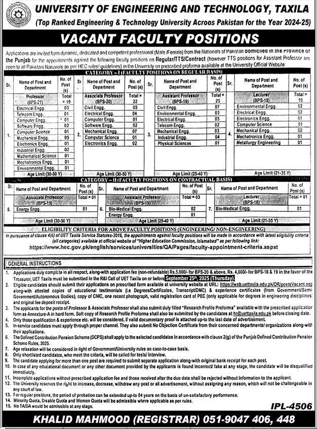 university of Engineering And Technology Taxila Jobs 2025 Jobs 2025 — original advertisement