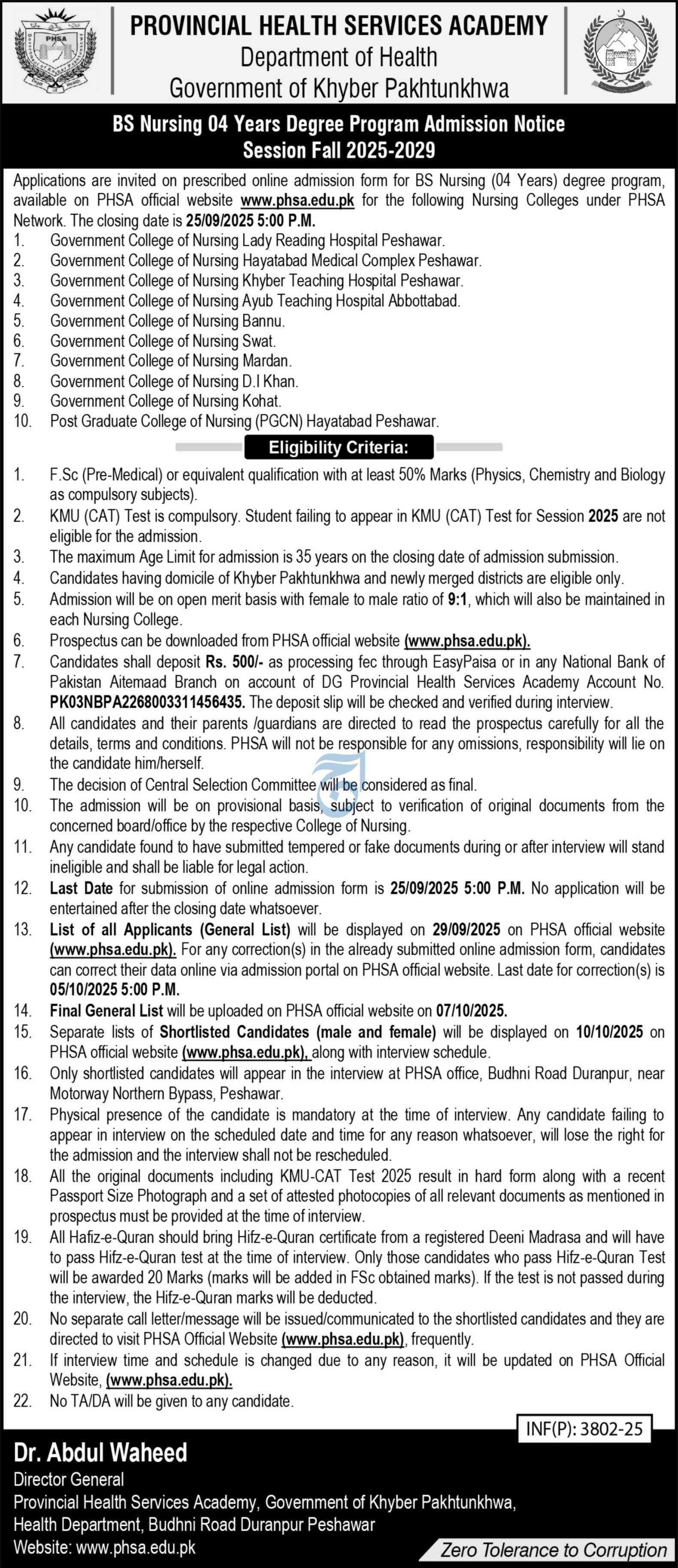 Admission Open in Provincial Health Services Acadmy 2025 – Provincial Health Service Academy KPK Admissions 2025 — original advertisement