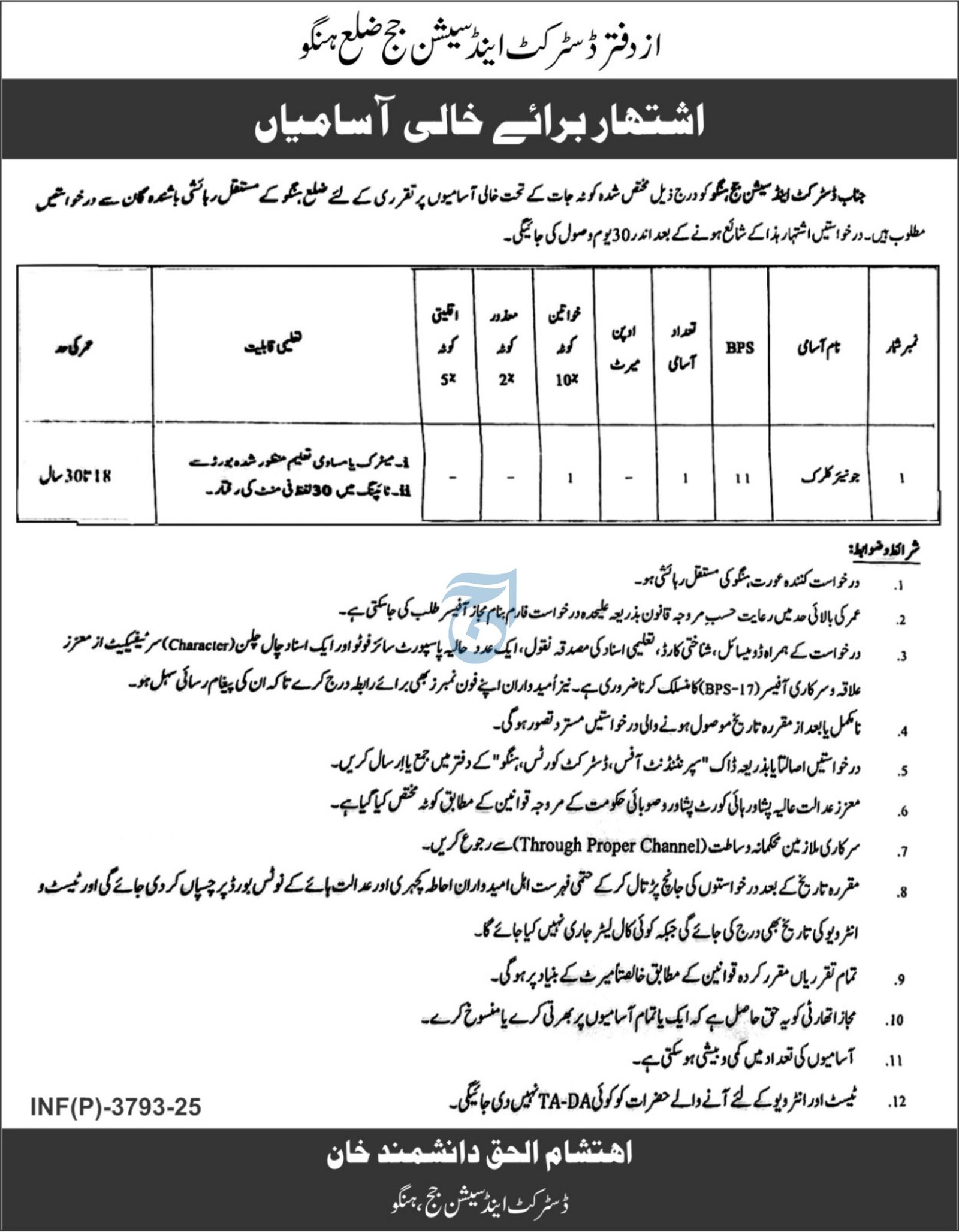 District And Sessions Judge Hango Jobs 2025 – District And Sessions Judge , Charsadda Jobs 2025 — original advertisement