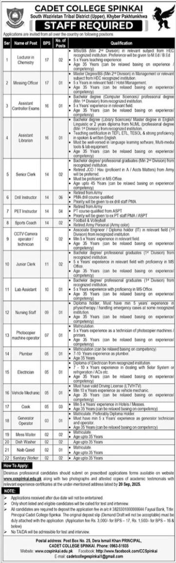 Cadet College Spinkai Jobs 2025 For Lecturers – Cadet College Spinkai South Waziristan Agency Jobs 2025 — original advertisement