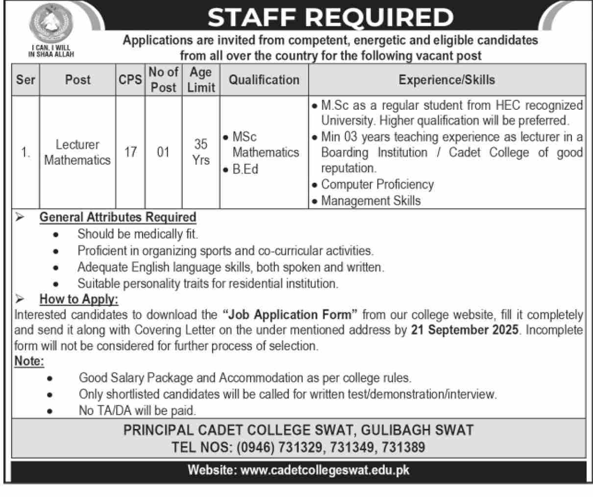 Cadet College Swat Jobs 2025 For Lecturer Jobs 2025 — original advertisement