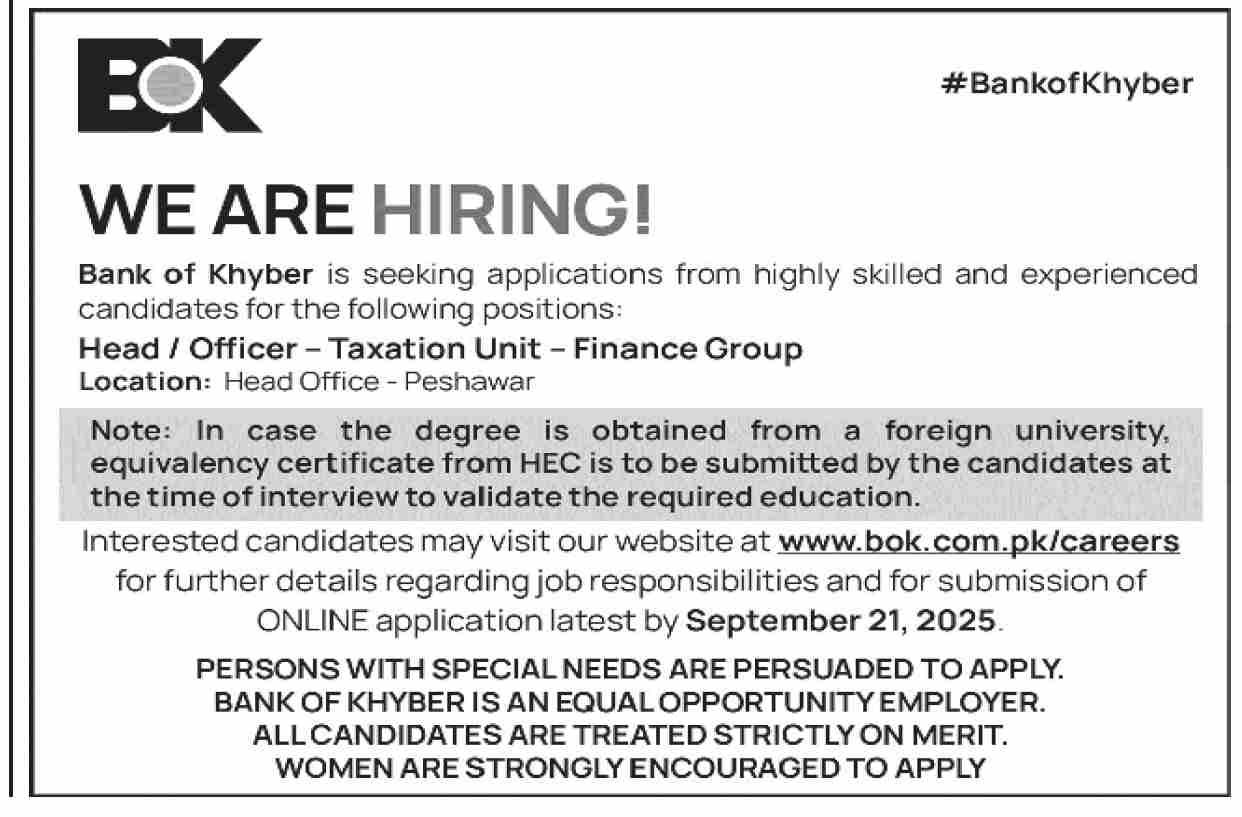 The Bank Of Khyber BOK Jobs 2025 For Head Taxation Unit Jobs 2025 — original advertisement