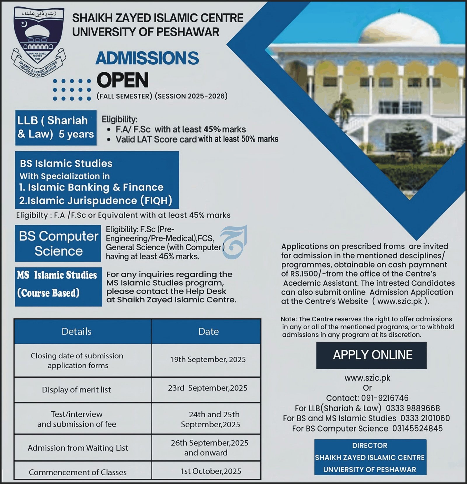 Admission Open in Sheikh Zayed Islamic Centre 2025 – University of Peshawar Admissions 2025 — original advertisement