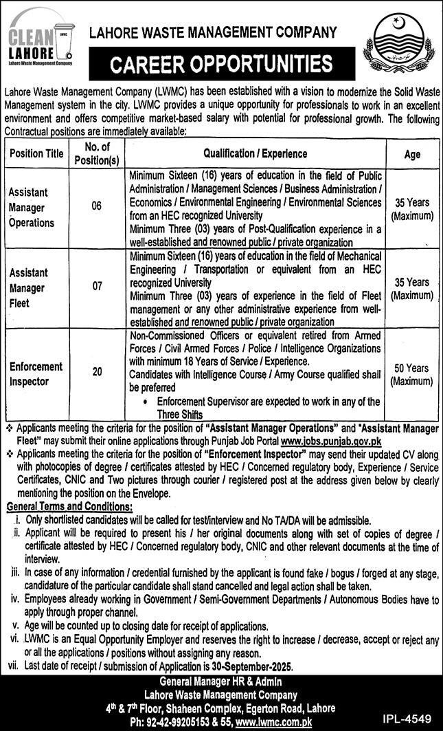 LWMC Lahore Waste Management Company Jobs 2025 – Lahore Waste Management Company Lahore Jobs 2025 — original advertisement