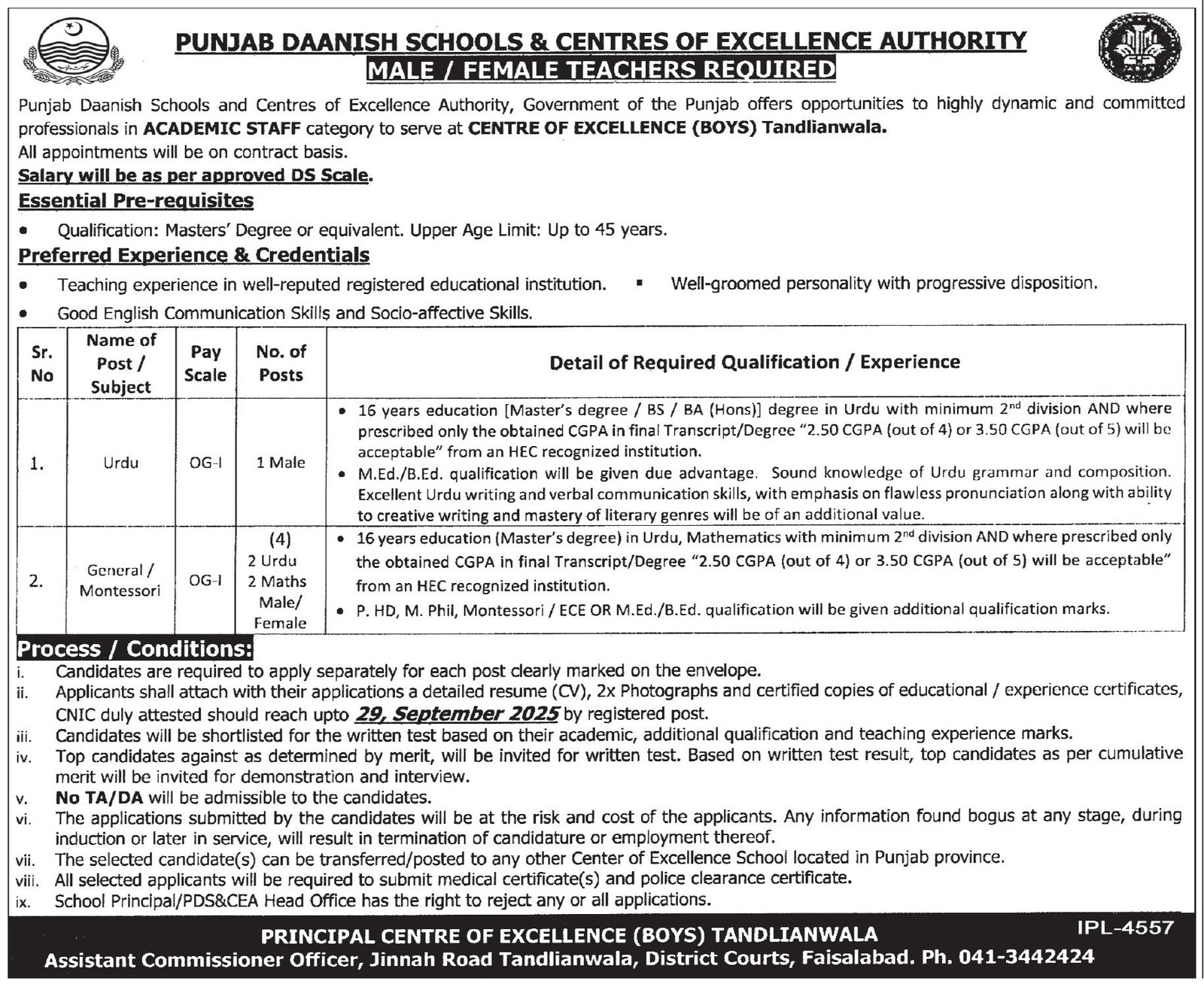 Daanish School Center Of Excellence Boys Tandlianwala Jobs – Punjab Daanish School Jobs 2025 — original advertisement