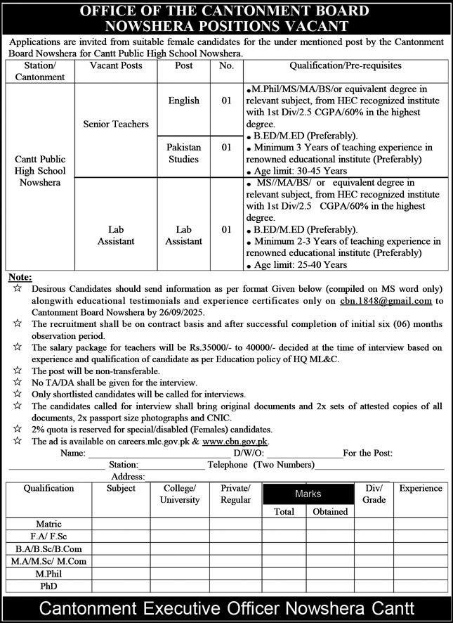 Cantt Public High School Nowshera Jobs 2025 Senior Teachers – Cant Public High School & Girls College Jobs 2025 — original advertisement