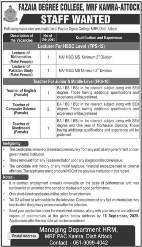 Fazaia Degree College Attock Jobs 2025 – Fazaia Schools & Colleges Jobs 2025 — original advertisement
