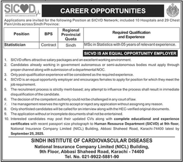 Sindh Institute Of Cardiovascular Diseases Karachi Job 2025 – Health Department Sindh Jobs 2025 — original advertisement