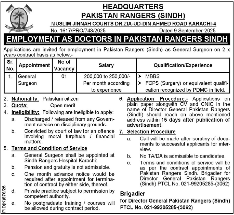 Sindh Rangers Hospital Karachi Jobs 2025 For General Surgeon Jobs 2025 — original advertisement