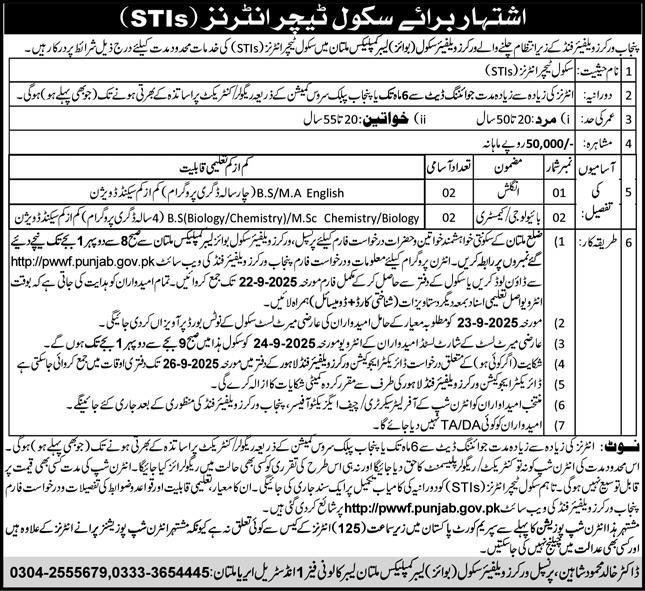 Punjab Worker Welfare Schools Multan Jobs  2025 – Education School Department Punjab Jobs 2025 — original advertisement