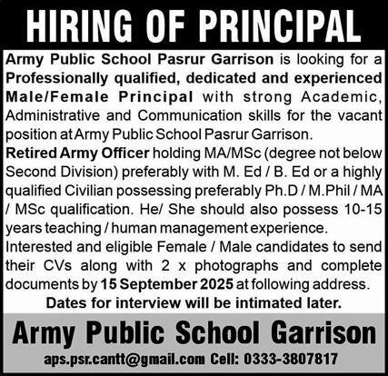 Army Public School APS Pasrur Garrison Jobs 2025 – Army Public School & College Paksitan Jobs 2025 — original advertisement