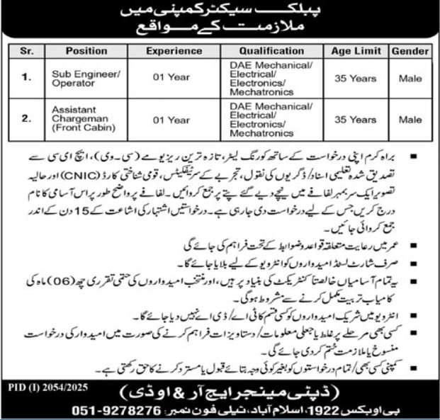 Public Sector Company Islamabad Jobs 2025 – Private Company Jobs 2025 — original advertisement