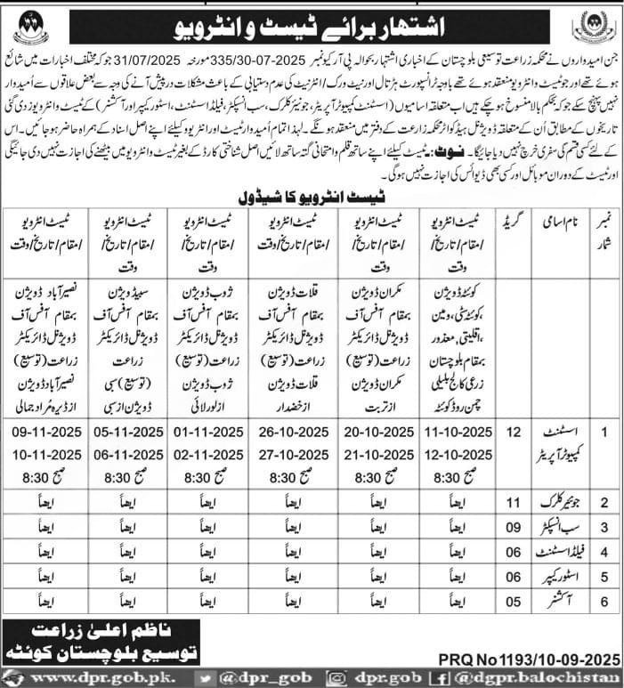Agriculture Extension Department Balochistan Test Interview – Agriculture Department Balochistan Jobs 2025 — original advertisement