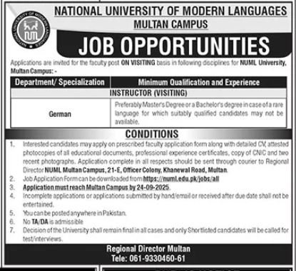 National University of Modern Languages Multan Campus 2025 – National University of Modern Languages Islamabad Jobs 2025 — original advertisement