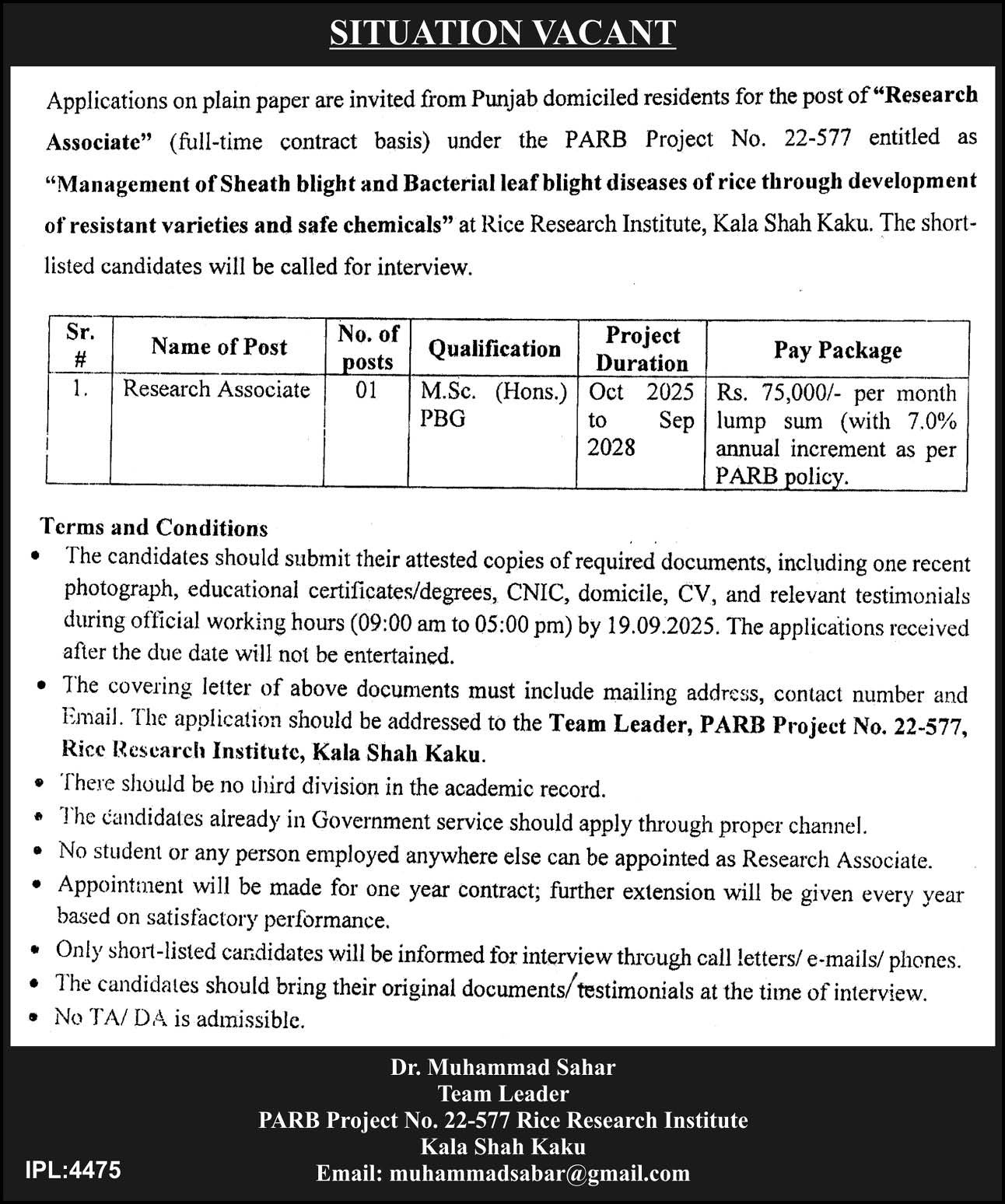 Punjab Agriculture Research Board PARB Kala Shah Kaku Job – Punjab Agriculture Research Board (PARB) Jobs 2025 — original advertisement