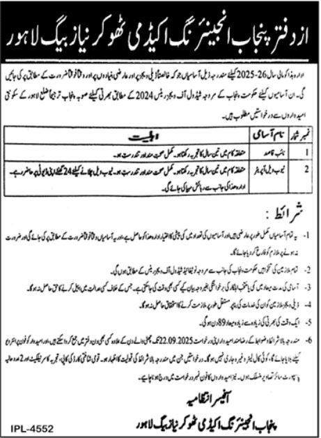 Punjab Engineering Academy PEA Lahore Job 2025 – Public Sector Organization Jobs 2025 — original advertisement