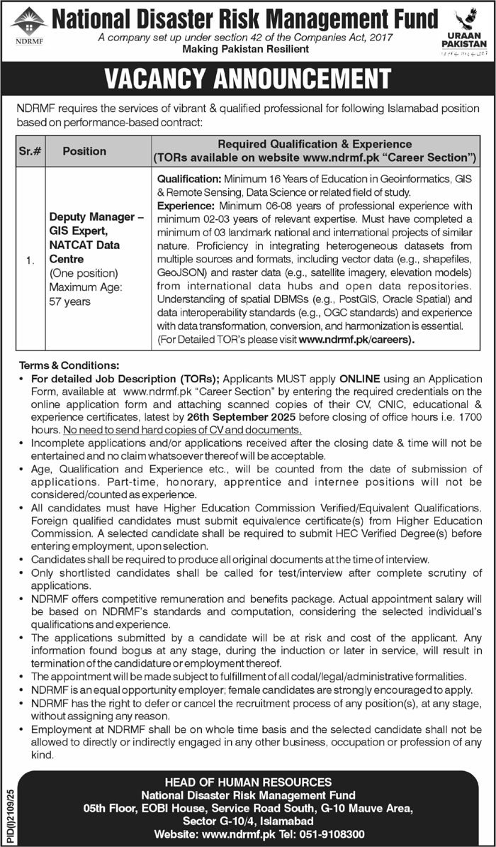 National Disaster Risk Management Fund NDRMF Job 2025 – National Disaster & Risk Management Fund Jobs 2025 — original advertisement