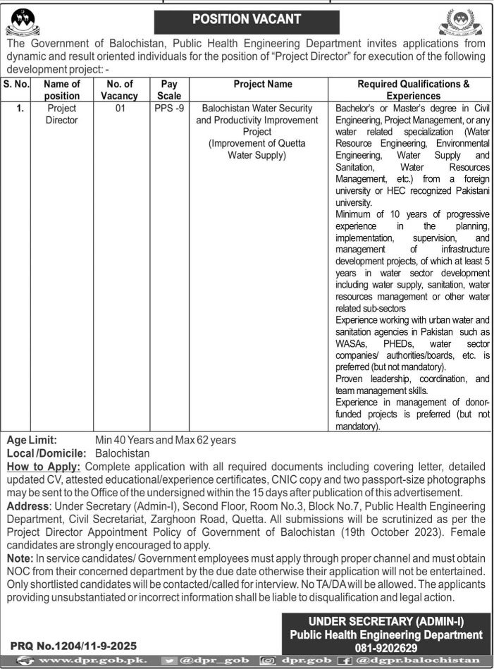 Public Health Engineering Department Quetta Job 2025 – Public Health Engineering Department Balochistan Jobs 2025 — original advertisement
