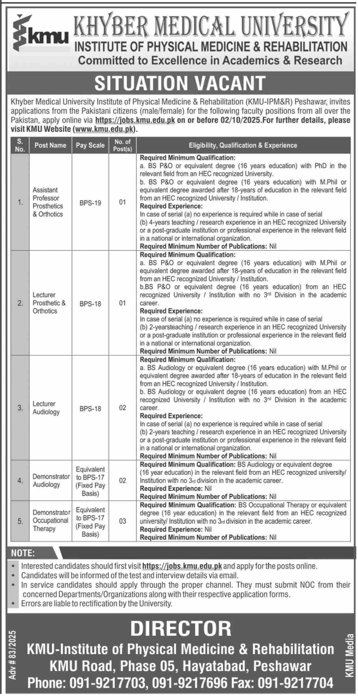Khyber Medical University Peshawar Jobs 2025 Jobs 2025 — original advertisement