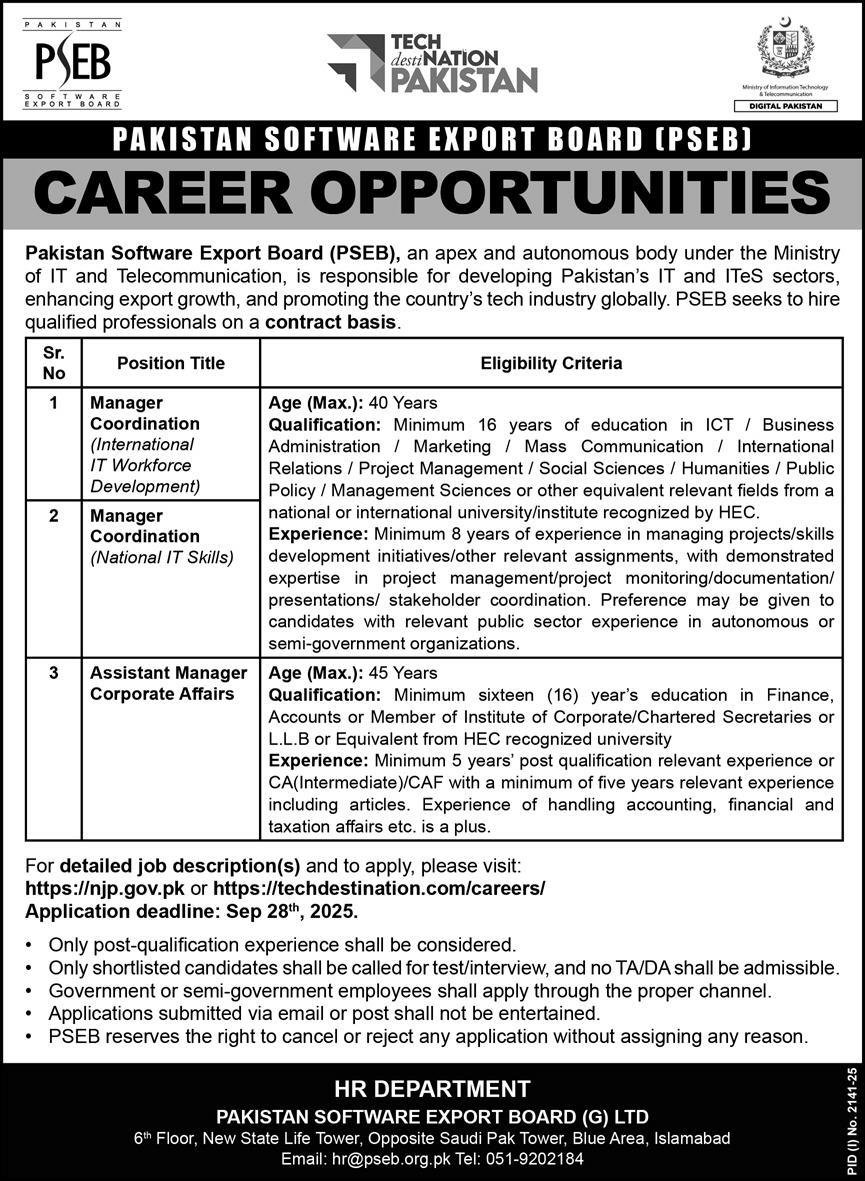 Pakistan Software Export Board PSEB Islamabad Jobs 2025 Jobs 2025 — original advertisement
