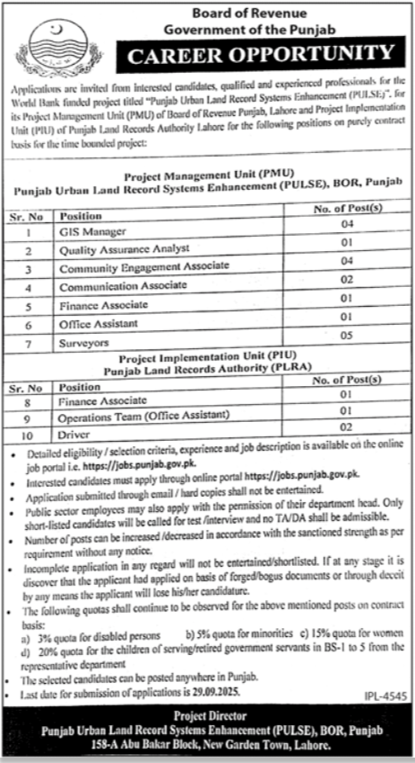 Punjab Board Of Revenue Lahore Jobs 2025 – Revenue Department Punjab Jobs 2025 — original advertisement