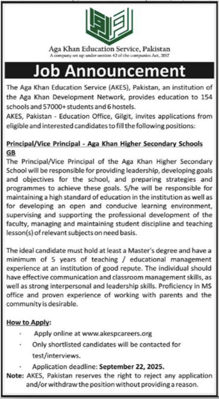 Aga Khan Higher Secondary School Jobs 2025 – Aga Khan Education Service Pakistan Jobs 2025 — original advertisement