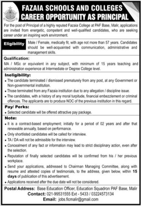 Fazaia College Malir Karachi Sindh Jobs 2025 – Fazaia Schools & Colleges Jobs 2025 — original advertisement