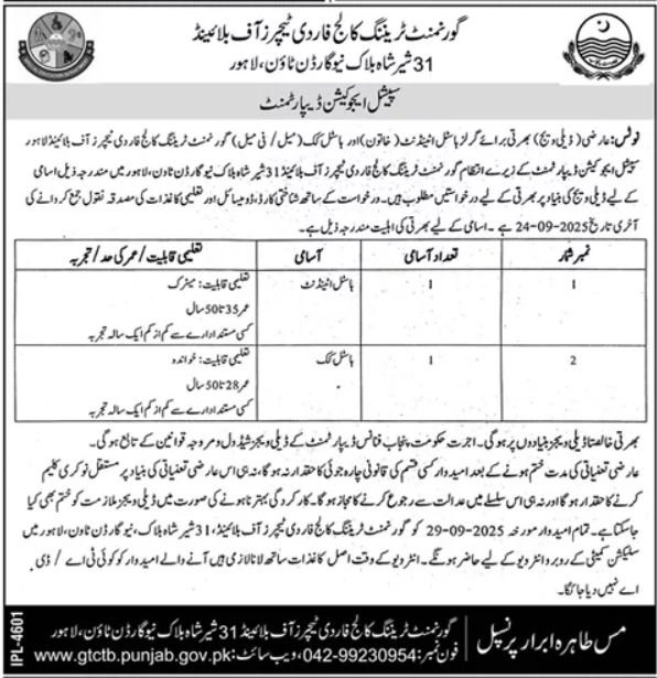 Government Training College for the Teacher of Blind Jobs – Special Education Department Punjab Jobs 2025 — original advertisement