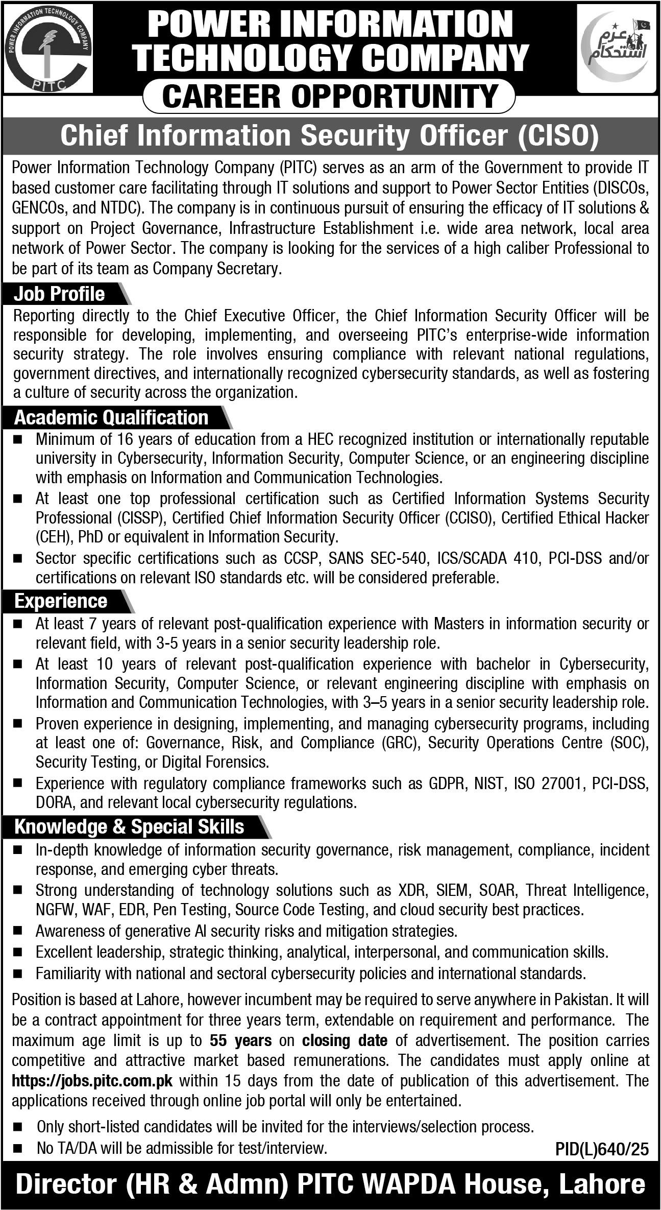 Power Information Technology Company PITC Jobs 2025 – Private Company Jobs 2025 — original advertisement